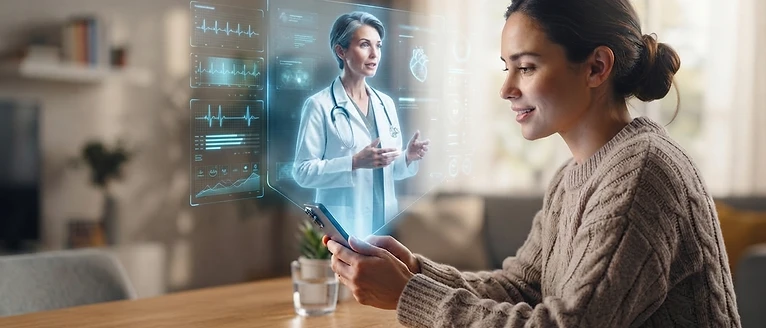 Patient connecting with an AI doctor via a holographic virtual visit